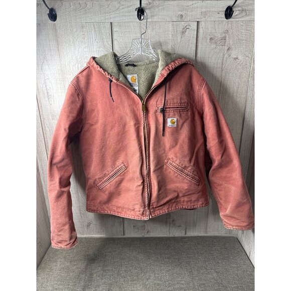 Vintage Carhartt Womens Large Sherpa Lined Hooded Jacket Rare Rust Red Zip Up - Picture 1 of 7